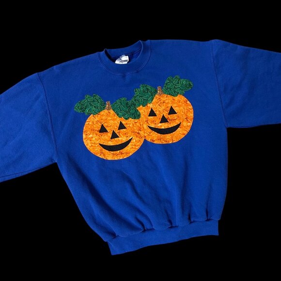 Vintage Halloween Pumpkin Sweatshirt Pullover Fall Jack O Lantern Blue 1990s Med - Picture 1 of 8